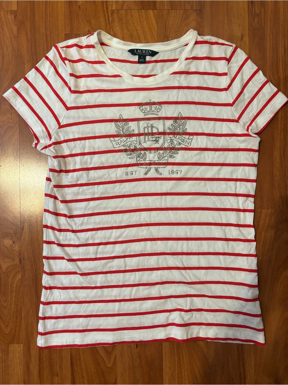 Lauren Ralph Lauren White & Red Striped Crew Neck Tee